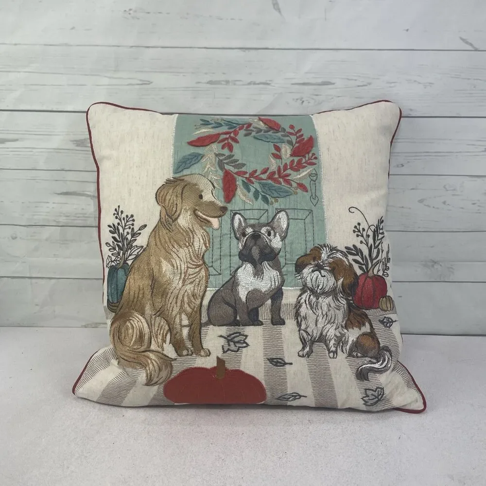 Pier 1 One Embroidered Autumn Dog French Bulldog Golden Retriever Pillow